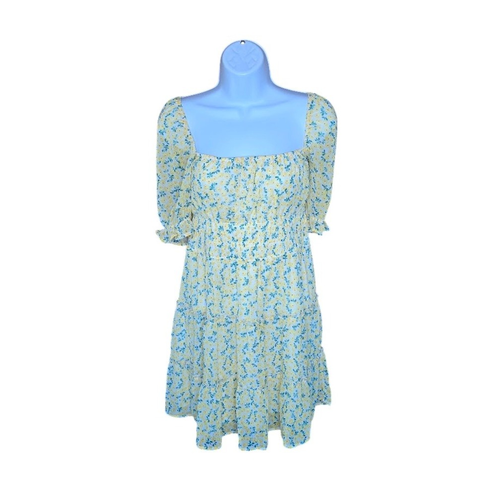Trixxi Yellow Floral Tiered Ruffle Dress Smocked Puff Sleeve Women M Cottagecore